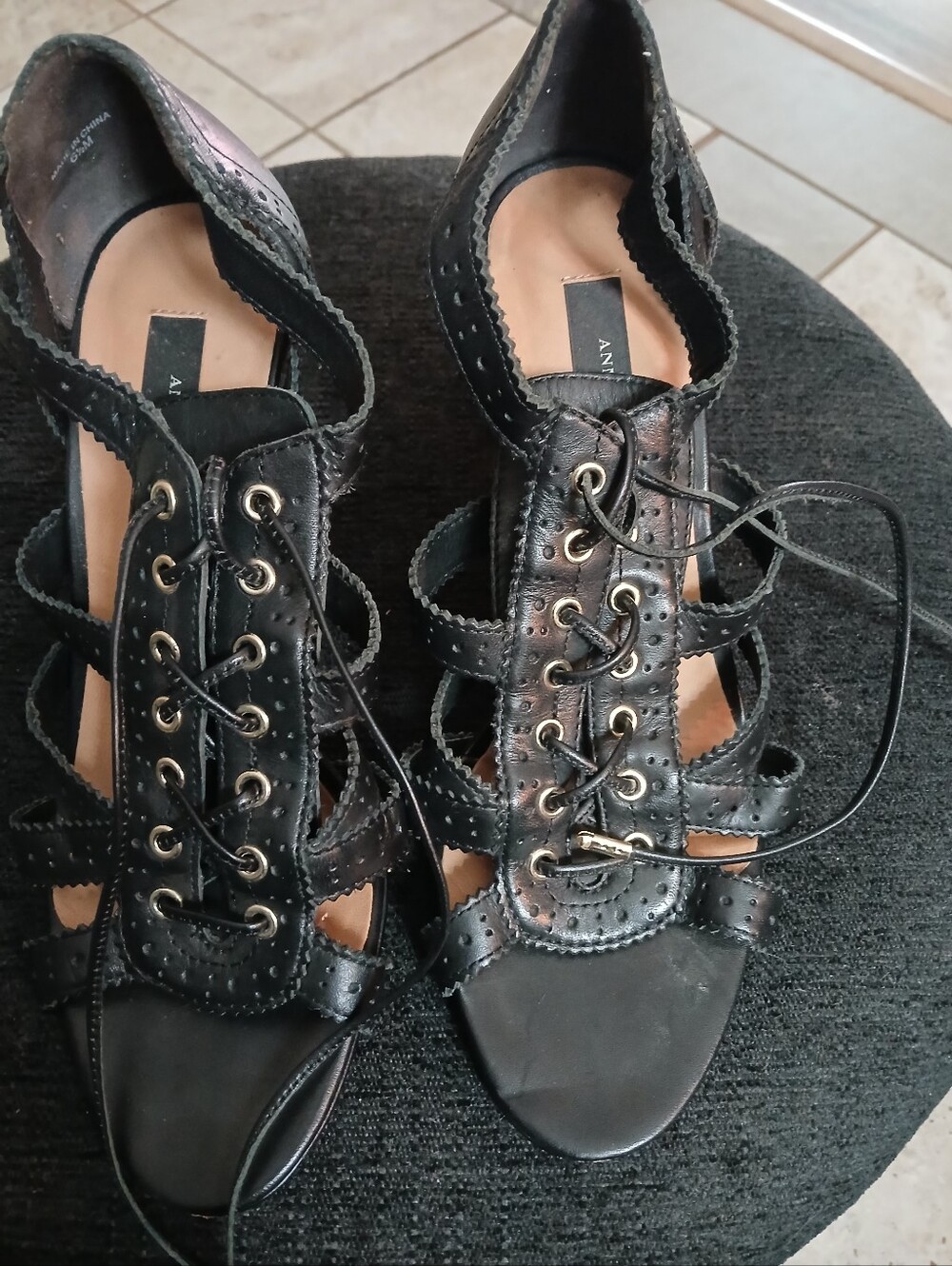 Ann Taylor Black Lace-Up Open-Toe Heels